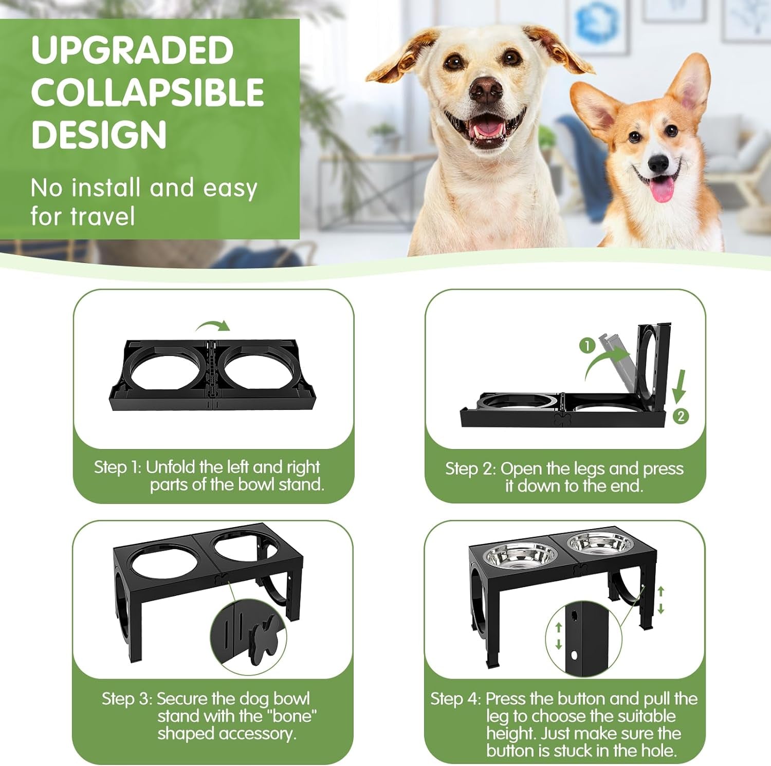 Adjustable Elevated Dog Bowls - 4 Heights, 2 Thick Stainless Steel Bowls for Medium to Large Dogs