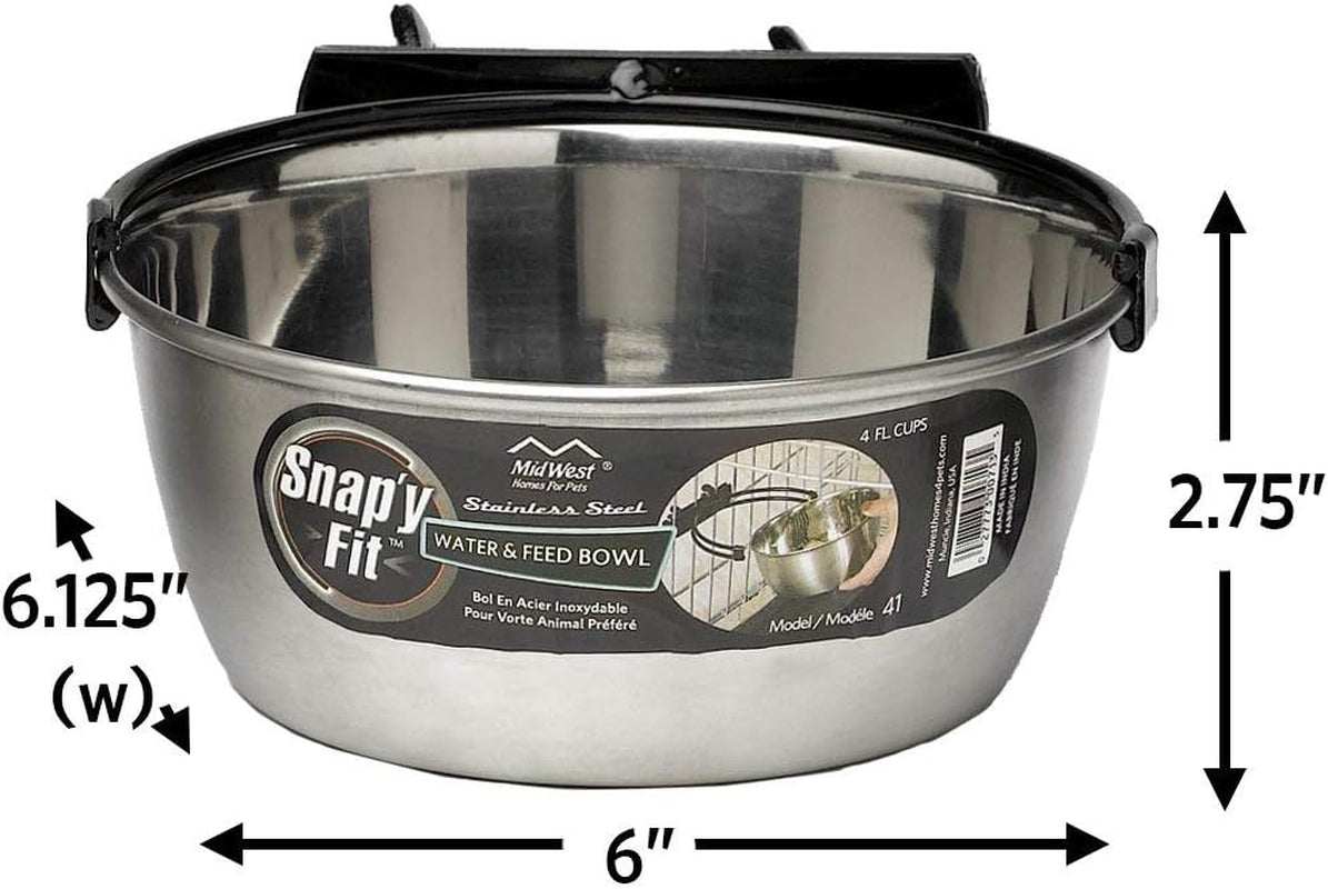 Midwest Homes Snap'y Fit Stainless Steel Pet Bowl – 1 Quart Food & Water Dish, Secure Mount for Crates, Durable, Easy to Clean