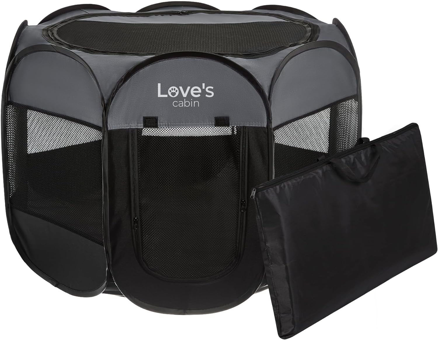 Love's Cabin Portable Playpen for Small Dogs & Cats - Foldable, Indoor/Outdoor Pet Tent with Zipper Top & Carry Case, Gray