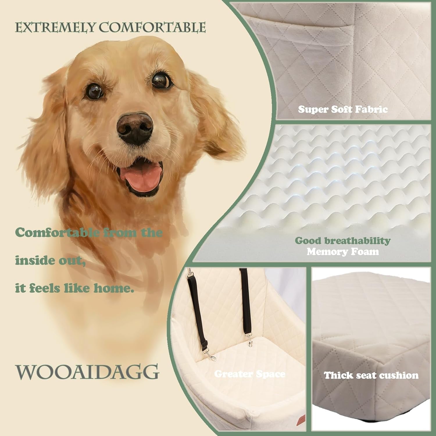 Dog Car Seat - Detachable & Washable Pet Travel Bed with Adjustable Straps, Easy to Install with 3 Seat Belts