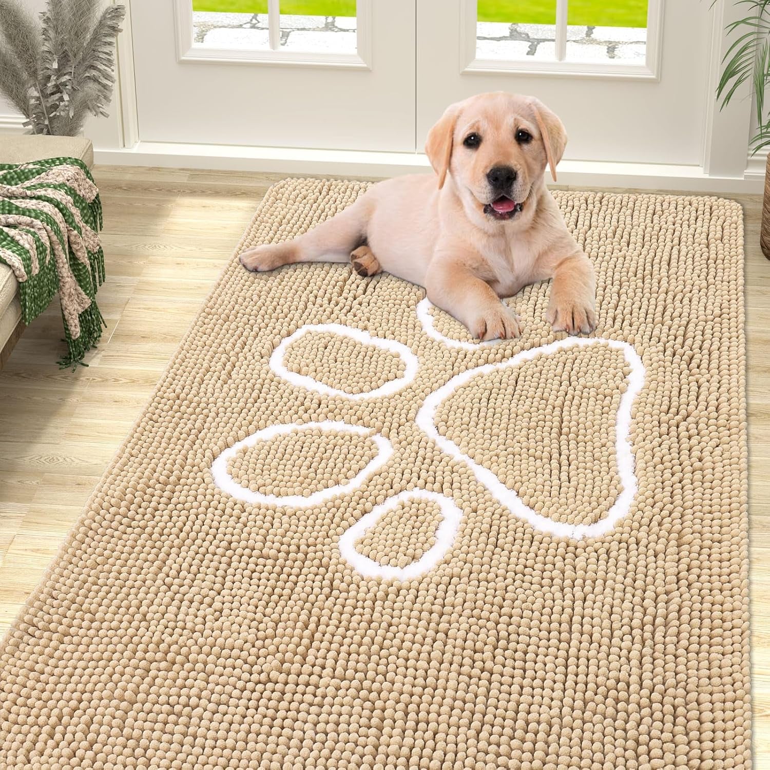 Absorbent Dog Door Mat for Muddy Paws, Non-Slip & Quick Dry Chenille, Washable, Traps Dirt & Moisture