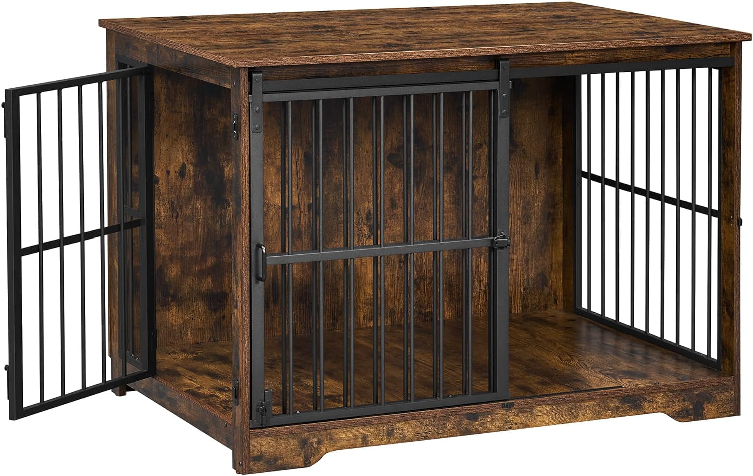 Dog Crate Furniture, 44.1" Double Door Dog Crate with Barn Door, Dog Kennel Indoor, End Side Table Wooden Dog Crate for Small Medium Large Dog, Anti-Chew Anti-Escape, Black