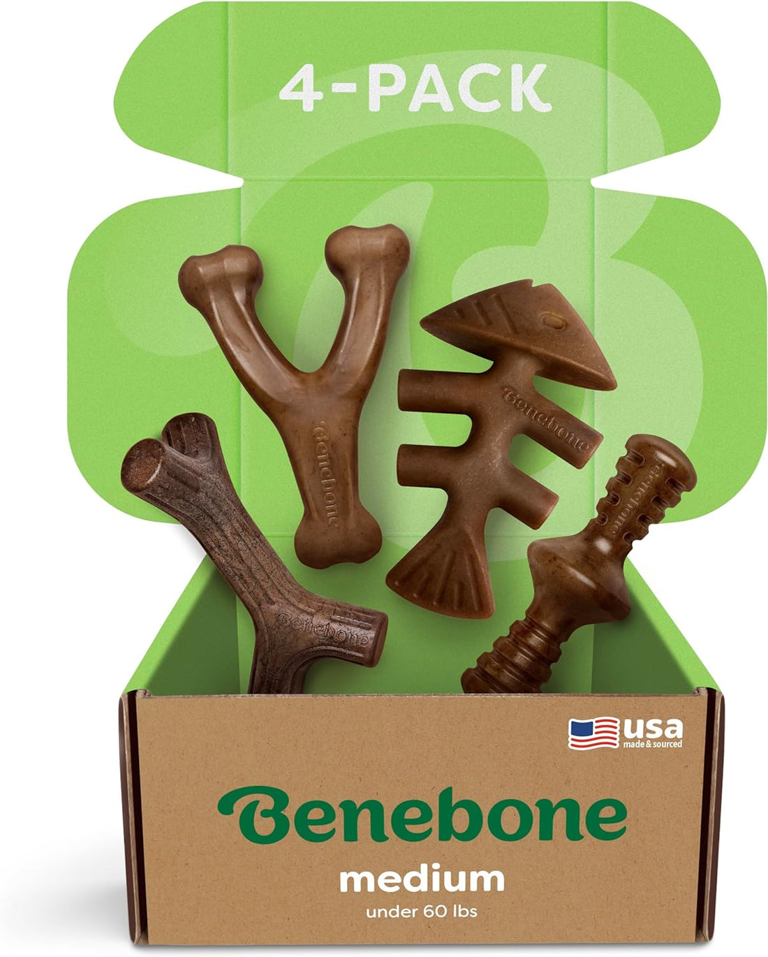 Benebone Medium Dog Chew Toys - 4-Pack for Aggressive Chewers, Made in USA, for Dogs up to 60lbs