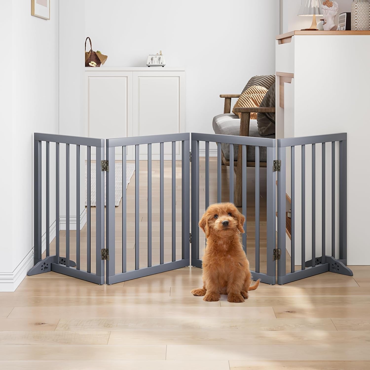 Wooden Foldable Dog Gate, Freestanding Multi-Panel Indoor Pet Gate, Extra Wide 24" Tall Dog Barrier