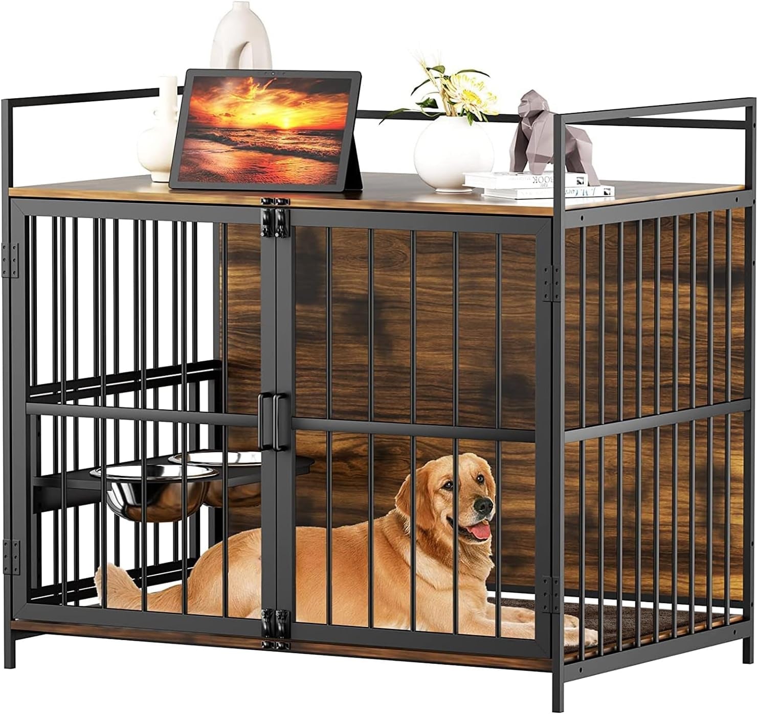 ROOMTEC Furniture Style Large Dog Crate with 360° Adjustable Feeder - Classic Brown End Table Crate with 2 Stainless Steel Bowls, 41"x24"x36"