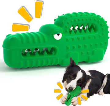 Indestructible Squeaky Alligator Chew Toy, Rubber Teething Toy for All Dog Sizes, Green