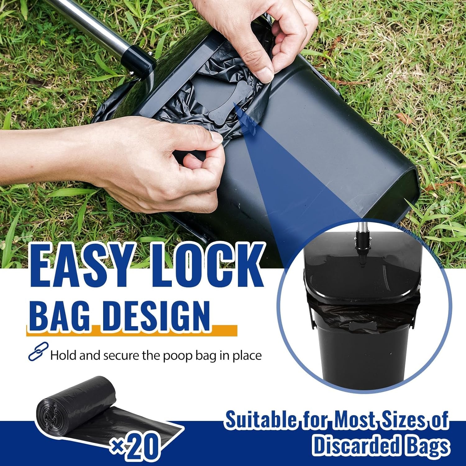 Dog Pooper Scooper Swivel Bin & Rake Set with Spade & 20 Bags, Long Handle Scoop