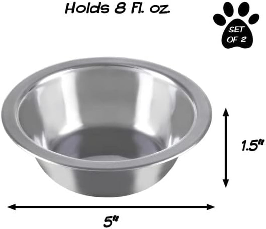 Set of 2 Stainless Steel Dog Bowls, 8Oz, Dishwasher Safe, Hangs in Cage/Kennel/Crate, Silver