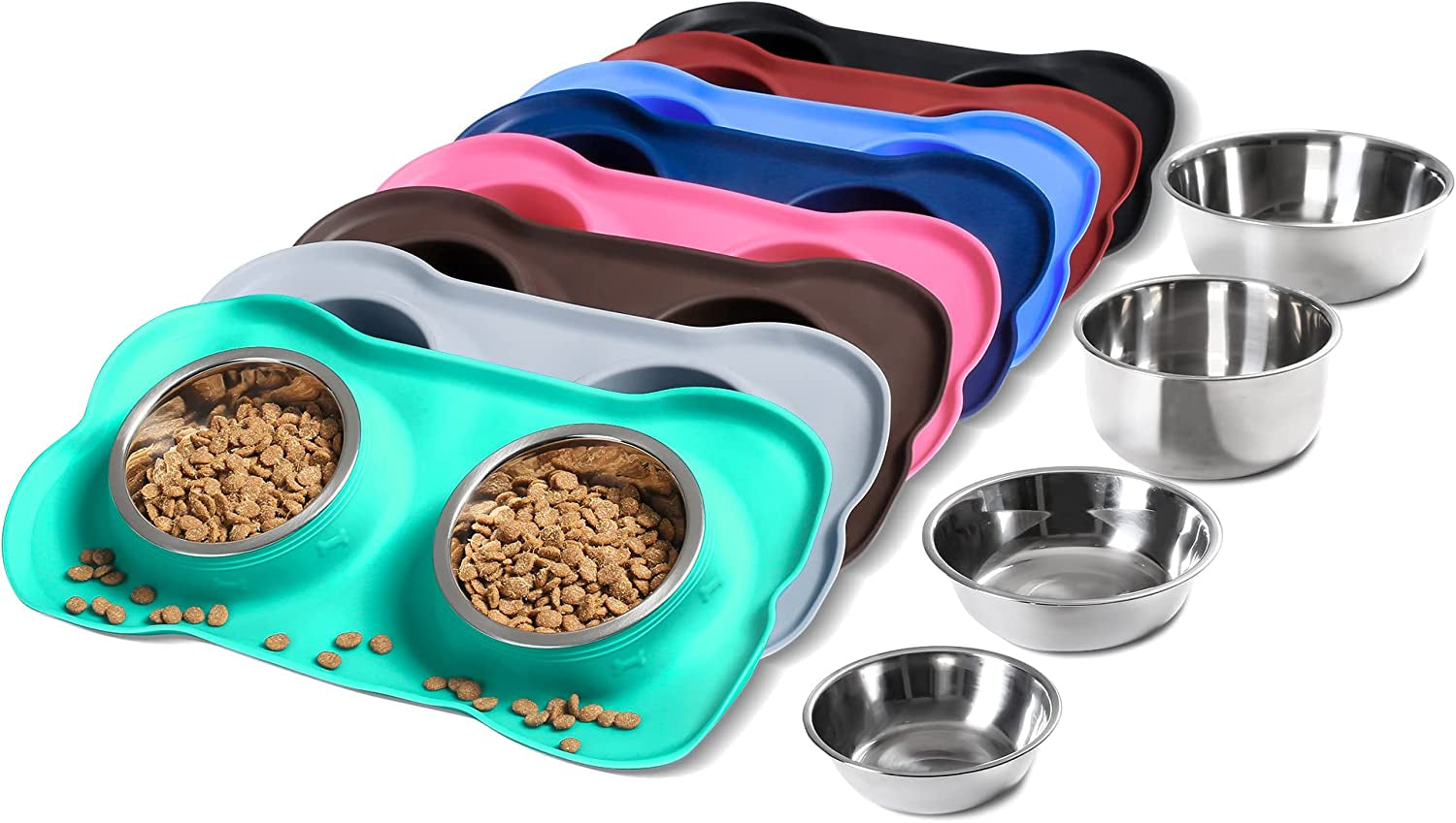 Hubulk 2 Stainless Steel Dog Bowls with Non-Skid Silicone Mat - Small, Pink, Includes Food Scoop