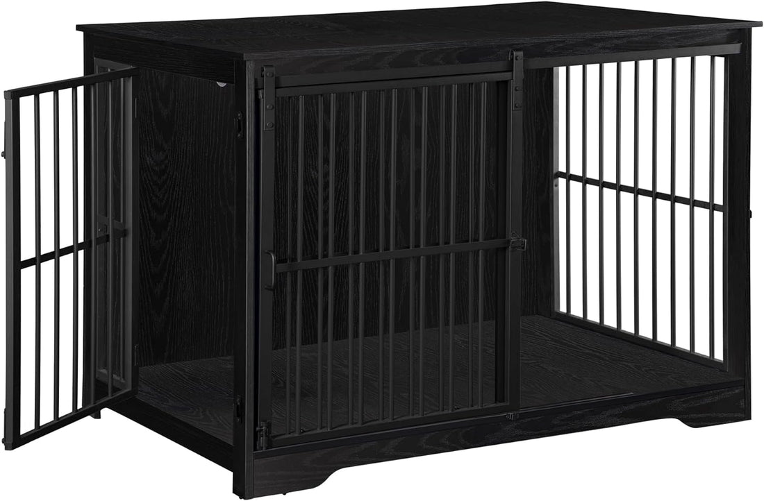 Dog Crate Furniture, 44.1" Double Door Dog Crate with Barn Door, Dog Kennel Indoor, End Side Table Wooden Dog Crate for Small Medium Large Dog, Anti-Chew Anti-Escape, Black
