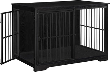 Dog Crate Furniture, 44.1" Double Door Dog Crate with Barn Door, Dog Kennel Indoor, End Side Table Wooden Dog Crate for Small Medium Large Dog, Anti-Chew Anti-Escape, Black
