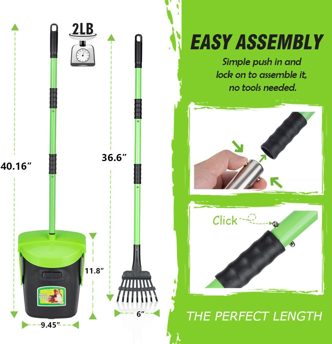 Pooper Scooper Swivel Bin & Rake Kit with Adjustable 36.6" Handle, Includes 20 Waste Bags