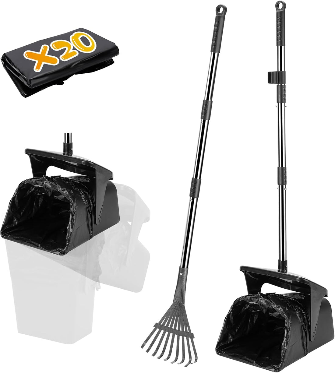 Metal Dog Pooper Scooper Set with 39.8" Long Handle, Swivel Bin & Rake Kit, with 20 Waste Bags