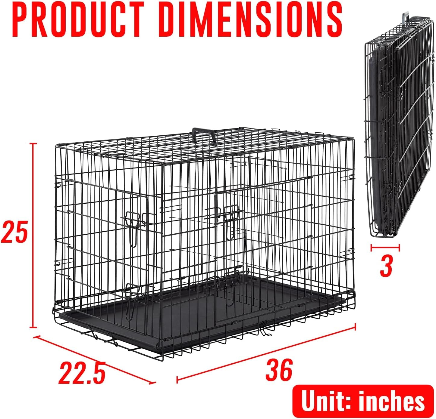 FDW Folding Metal Dog Crate with Double Door, Divider Panel & Leak-Proof Tray - Portable Kennel for Large Dogs,