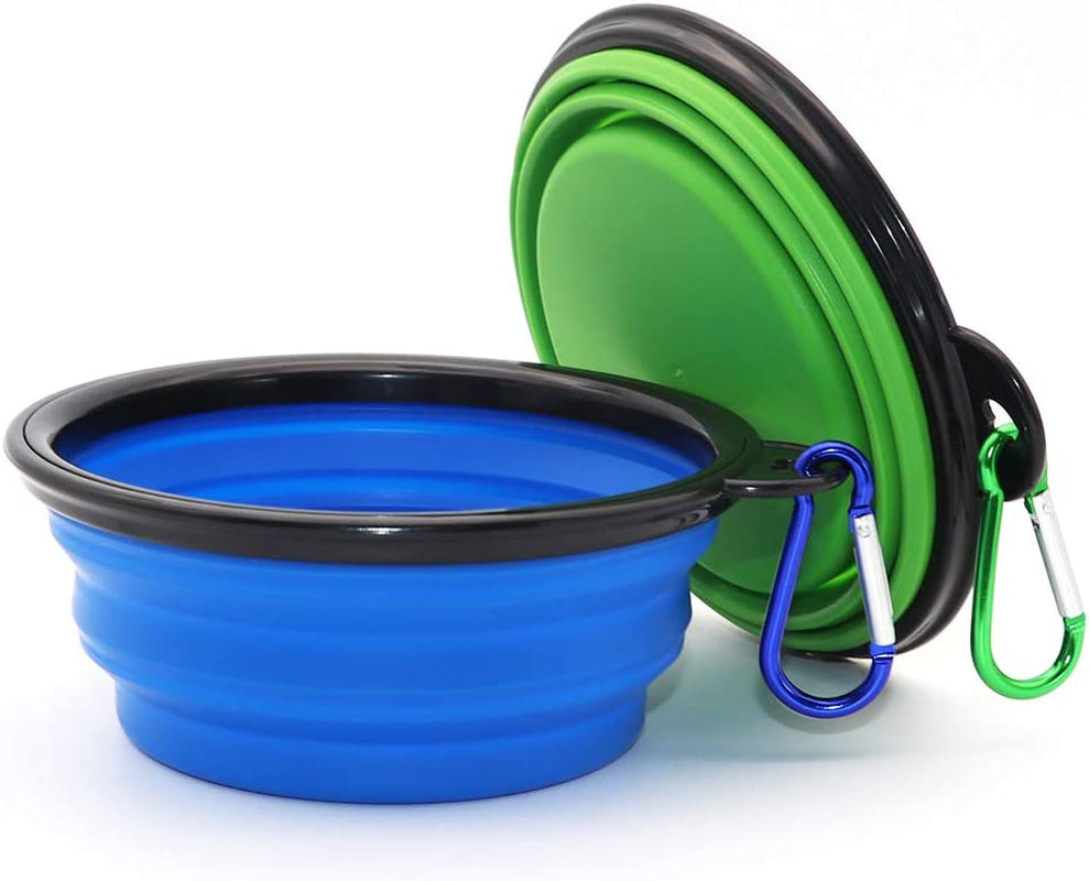 2-Pack Collapsible Dog Bowls with Carabiners: Small, Portable, Blue+Green for Travel