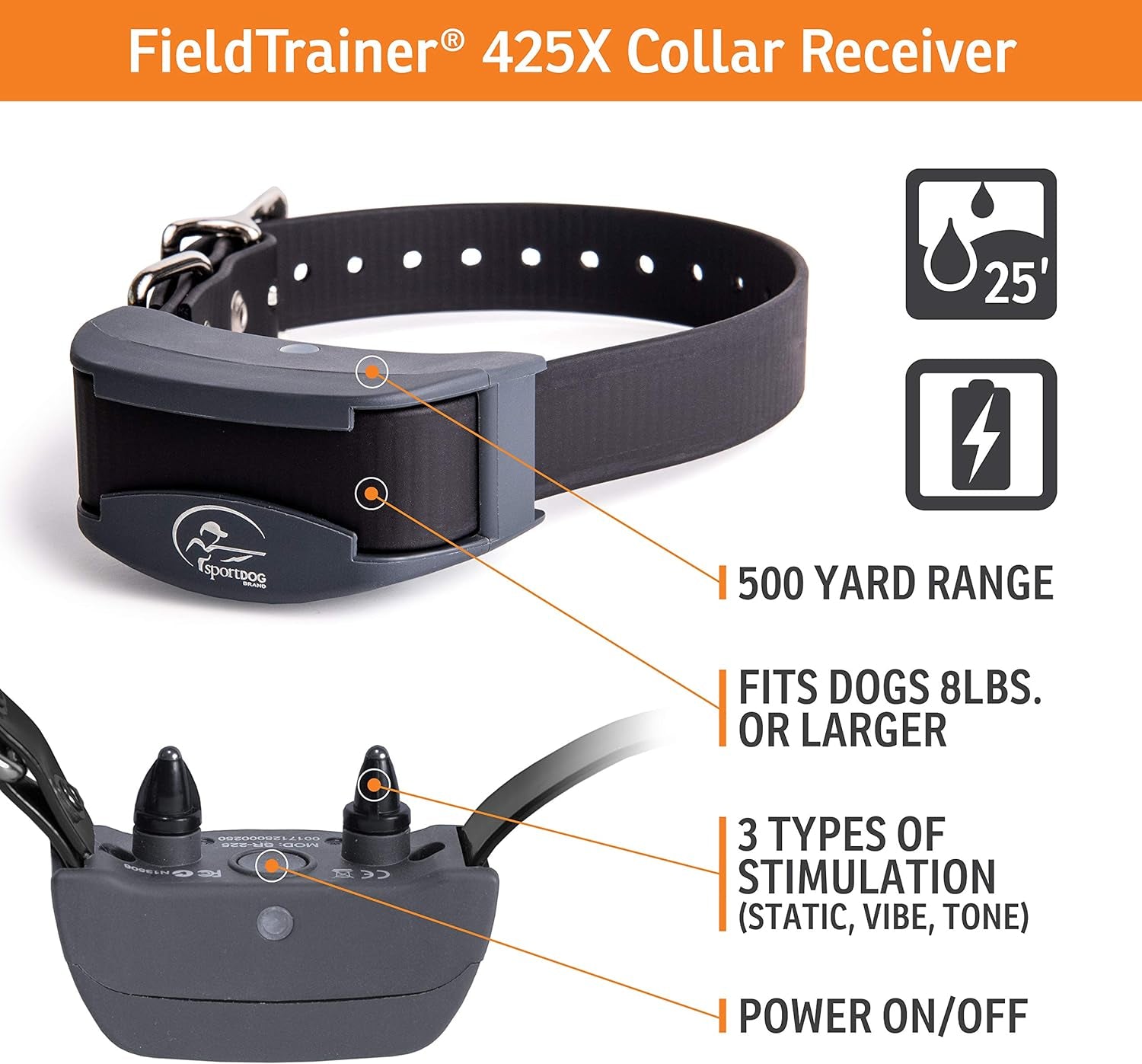 Sportdog Fieldtrainer 425X, Rechargeable Dog Training Collar, 500 Yard Range, Static/Vibrate/Tone