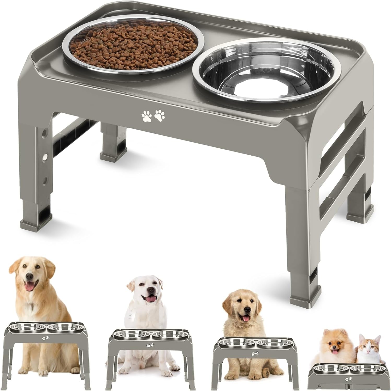 Adjustable Height Elevated Dog Bowls: 2 Thick 50Oz Stainless Bowls for Large & Medium Dogs, Black