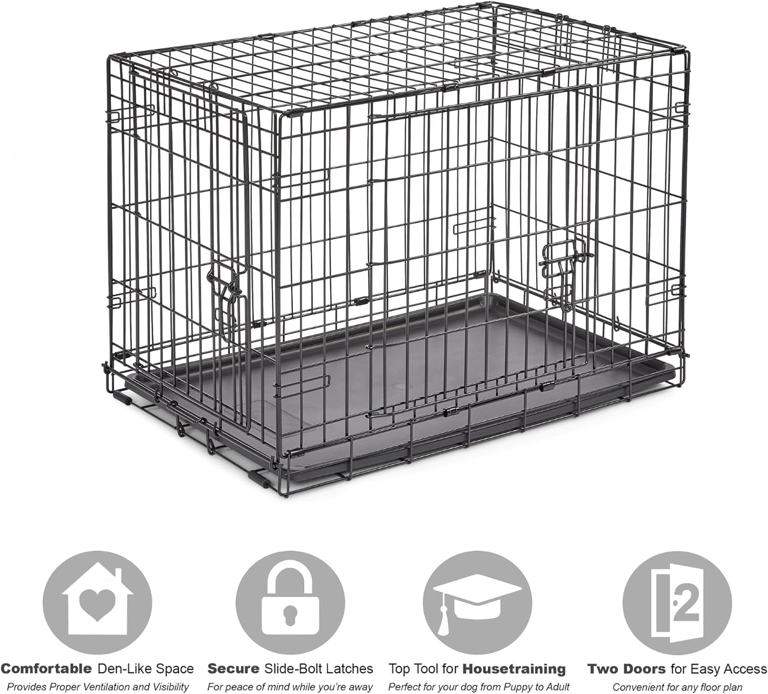 Double Door Enhanced Dog Crate – Metal Dog Kennel with Leak-Proof Pan, Floor Protecting Feet, Various Sizes