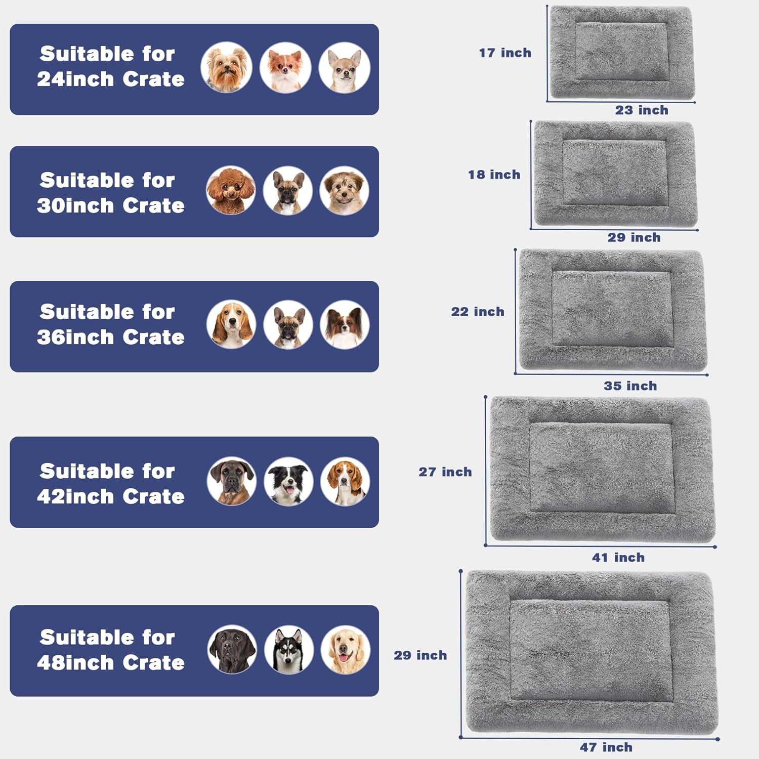 Washable Dog Crate Bed for Large Dogs - Non-Skid Comfort Pad Mat, Fits Metal Crates, Light Grey