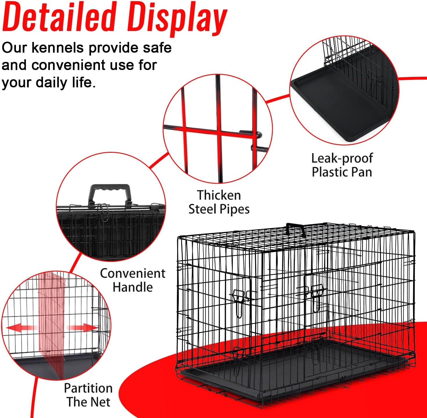 FDW Folding Metal Dog Crate with Double Door, Divider Panel & Leak-Proof Tray - Portable Kennel for Large Dogs,