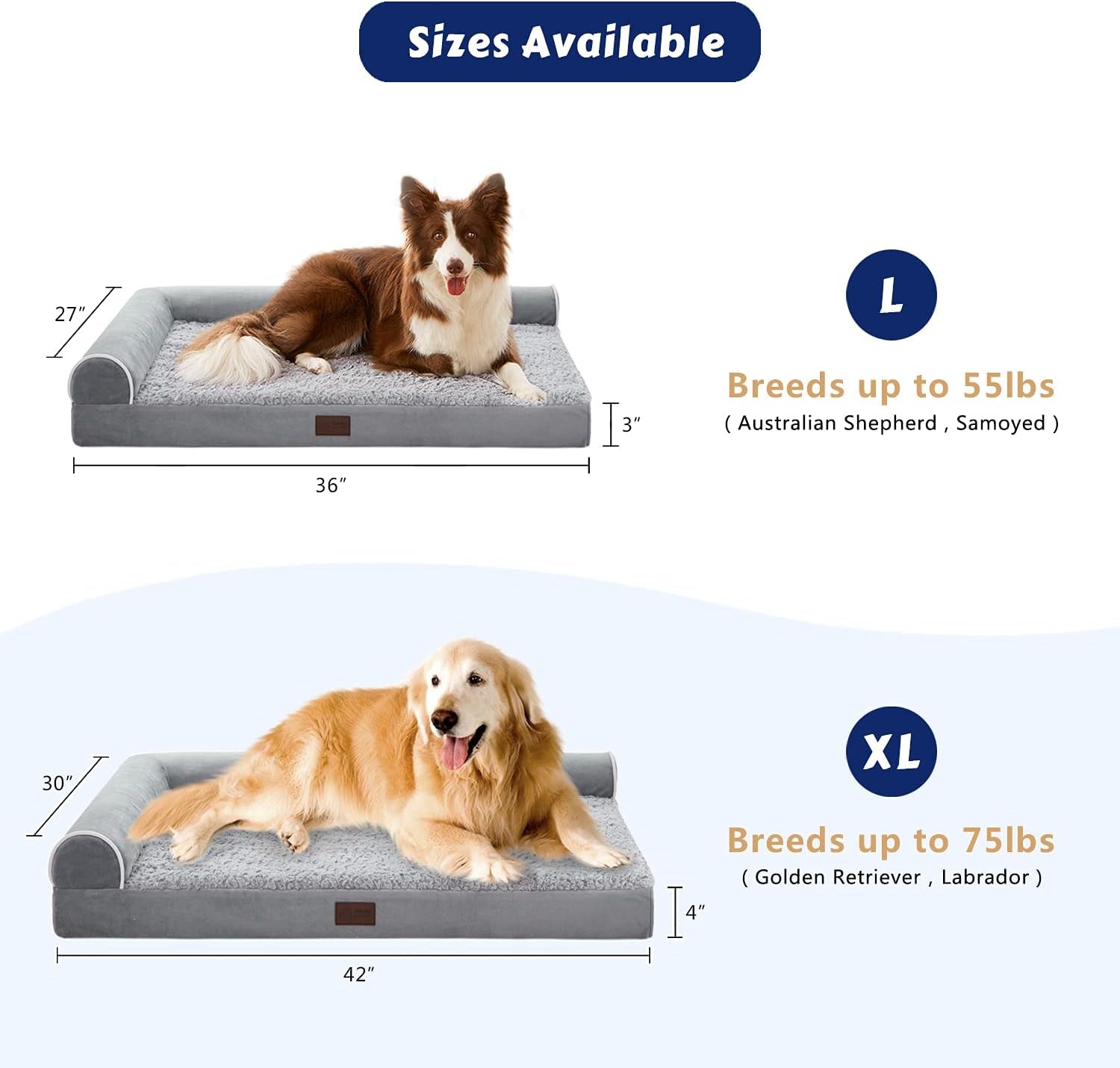 Orthopedic XL Dog Sofa Bed, Egg Foam, Bolster Cushion, Waterproof, Removable Cover