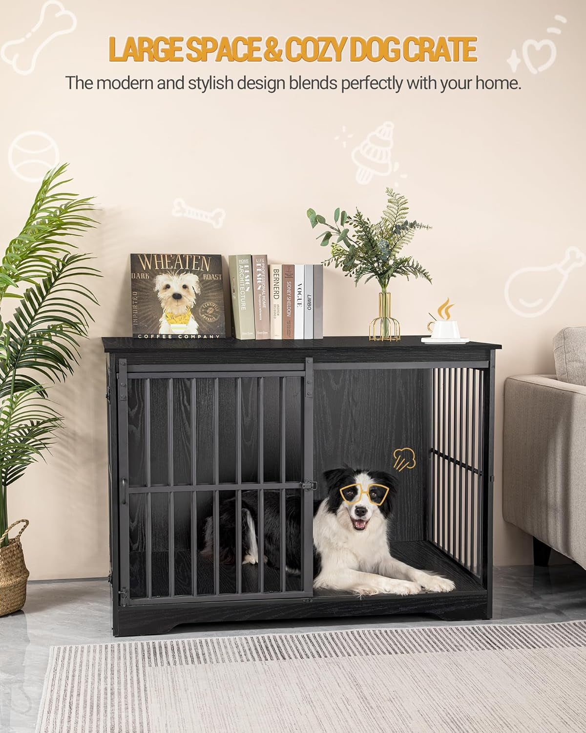 Dog Crate Furniture, 44.1" Double Door Dog Crate with Barn Door, Dog Kennel Indoor, End Side Table Wooden Dog Crate for Small Medium Large Dog, Anti-Chew Anti-Escape, Black