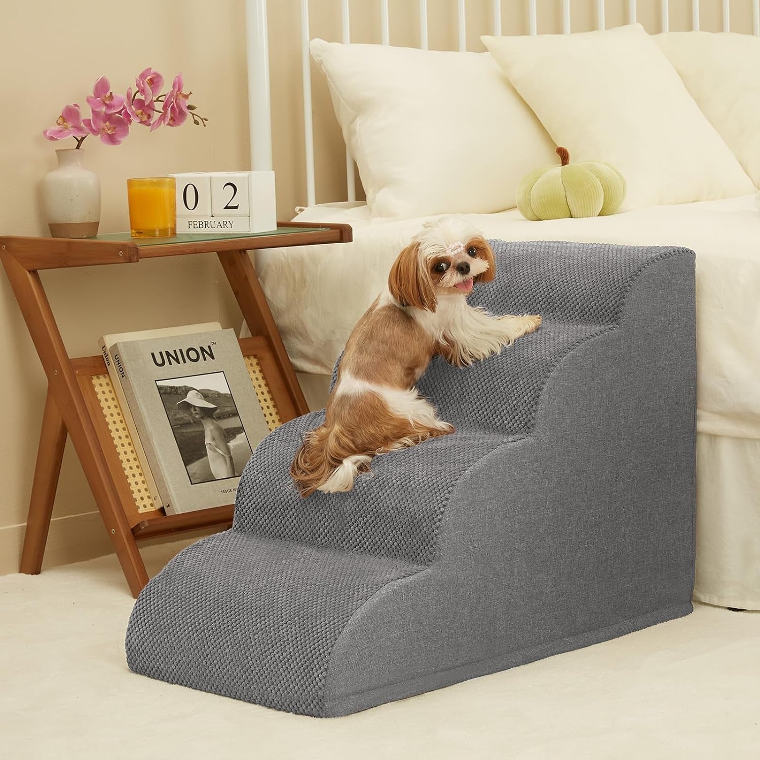 Romrol 4-Tier Dog Stairs: Non-Slip, Waterproof Fabric Cover, Ramp for Pets with Joint Issues, Grey