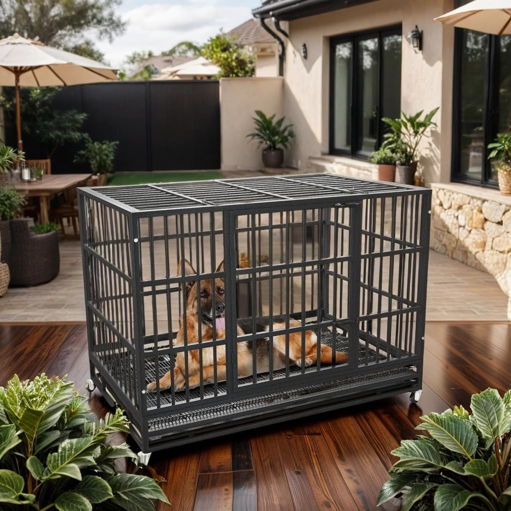 Heavy Duty Dog Crate with Wheels - Escape-Proof Steel Kennel for High Anxiety Dogs, Double Door & Tray, Extra Large XXL