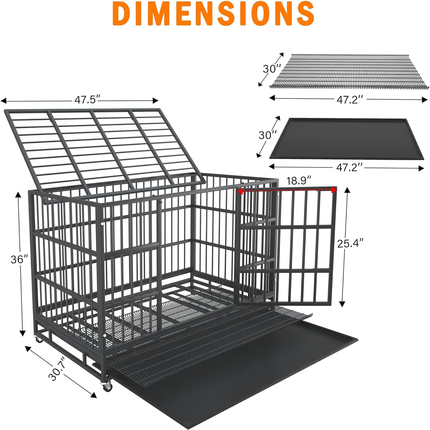 Heavy Duty Dog Crate with Wheels - Escape-Proof Steel Kennel for High Anxiety Dogs, Double Door & Tray, Extra Large XXL