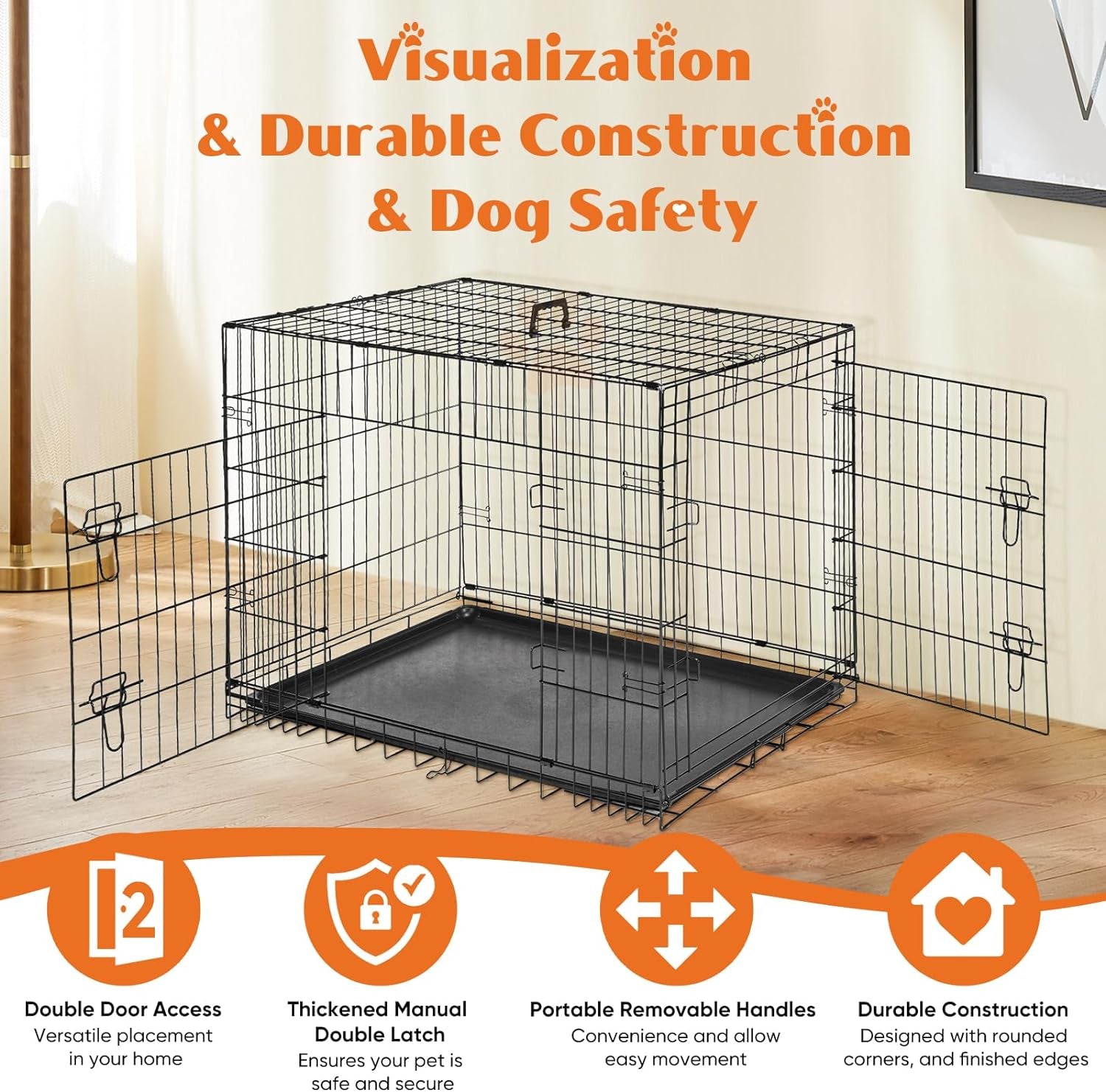 Sweetcrispy 24-Inch Double Door Small Dog Crate – Metal Folding Pet Kennel with Divider Panel, Leak-Proof Tray for Indoor & Outdoor Travel Use