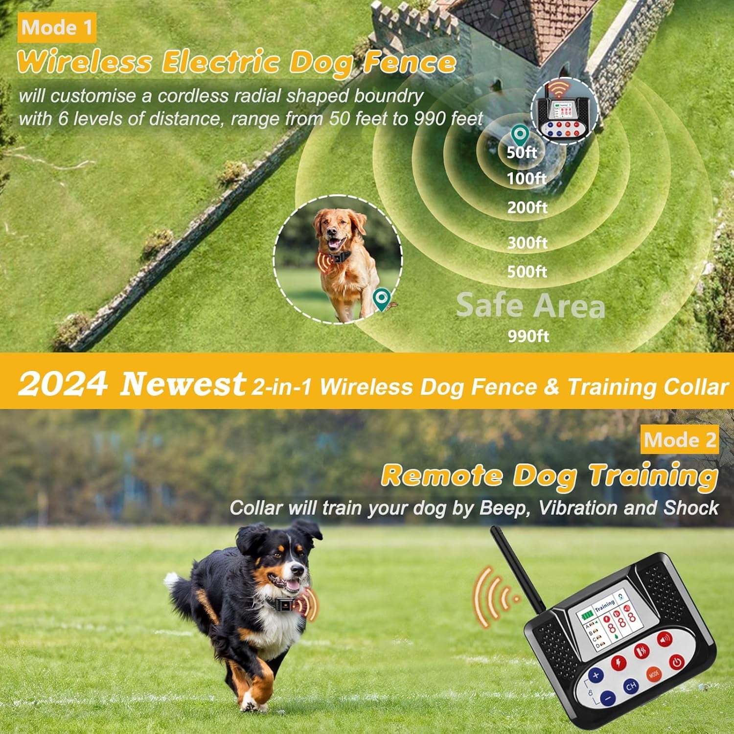 Invisible Fence for Dogs – 2-in-1 Wireless Electric Dog Fence with LCD Screen, Adjustable Waterproof Collar