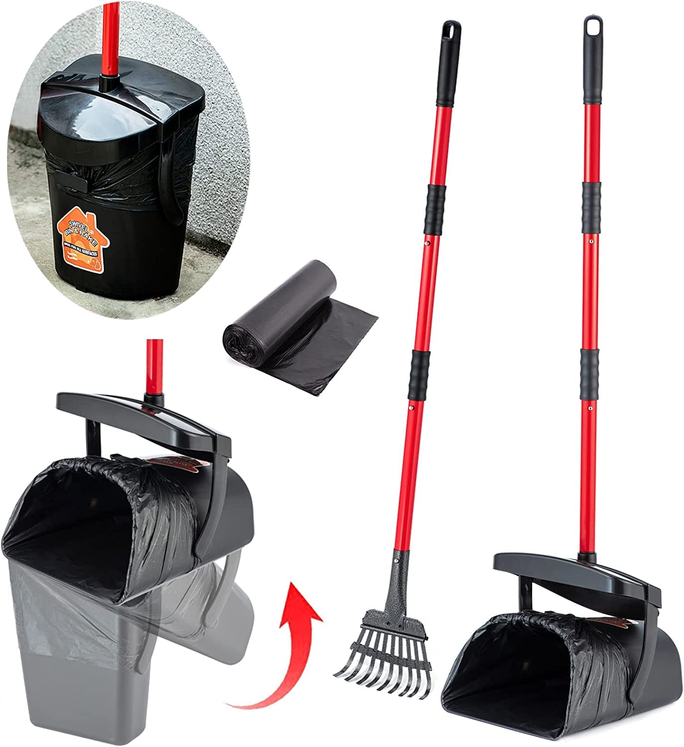 Large Swivel Bin & Rake Pooper Scooper, Non-Breakable with 20 Waste Bags, Easy Cleanup