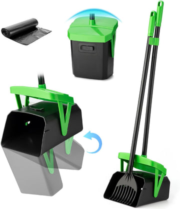 Pooper Scooper with Swivel Bin & Rake, Waste Bags Included, Dog Poop Scooper with Bag Attachment & Lid