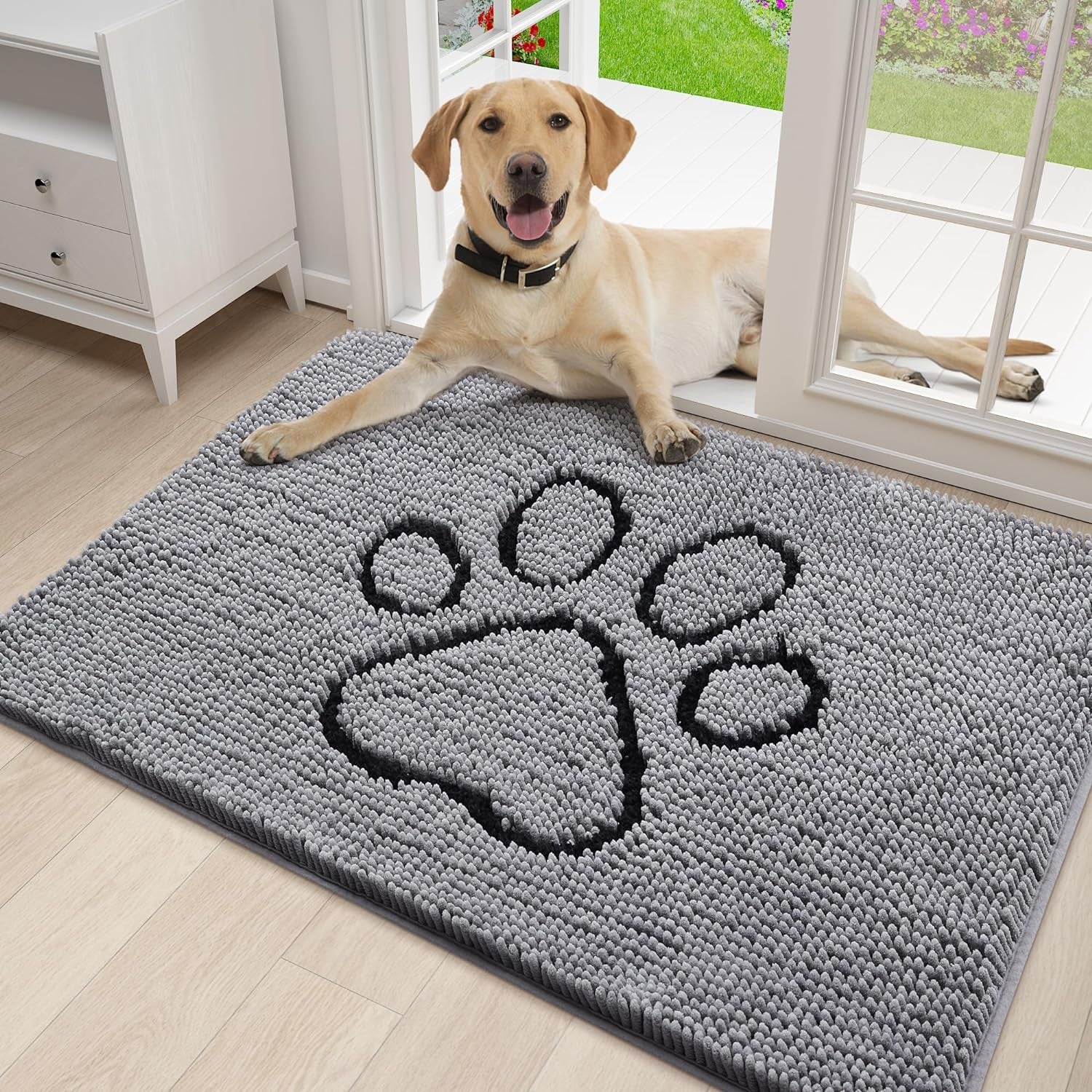 Absorbent Dog Door Mat for Muddy Paws, Non-Slip & Quick Dry Chenille, Washable, Traps Dirt & Moisture