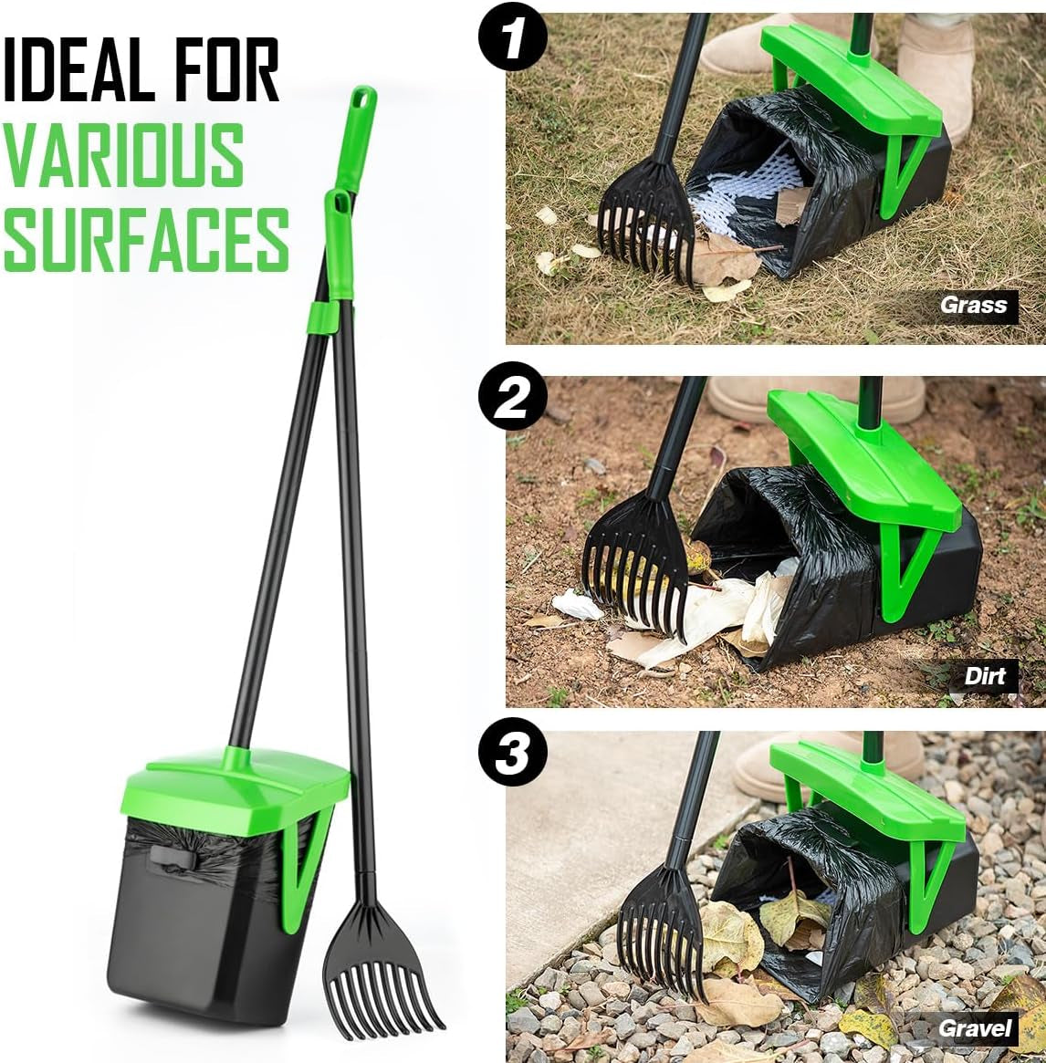 Pooper Scooper with Swivel Bin & Rake, Waste Bags Included, Dog Poop Scooper with Bag Attachment & Lid