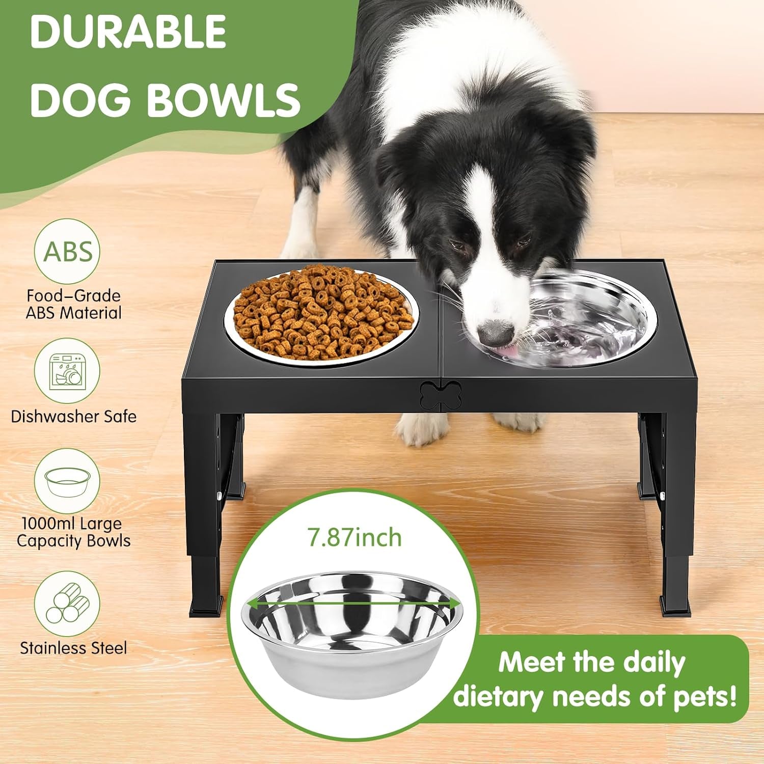 Adjustable Elevated Dog Bowls - 4 Heights, 2 Thick Stainless Steel Bowls for Medium to Large Dogs