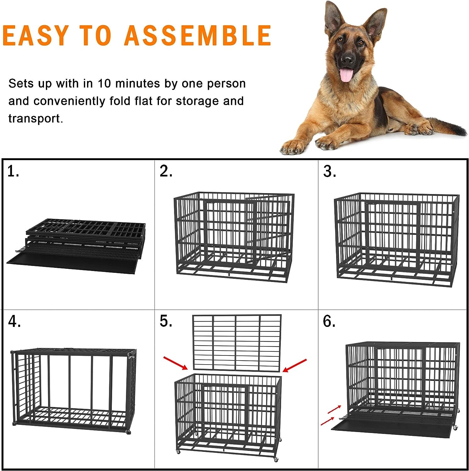 Heavy Duty Dog Crate with Wheels - Escape-Proof Steel Kennel for High Anxiety Dogs, Double Door & Tray, Extra Large XXL