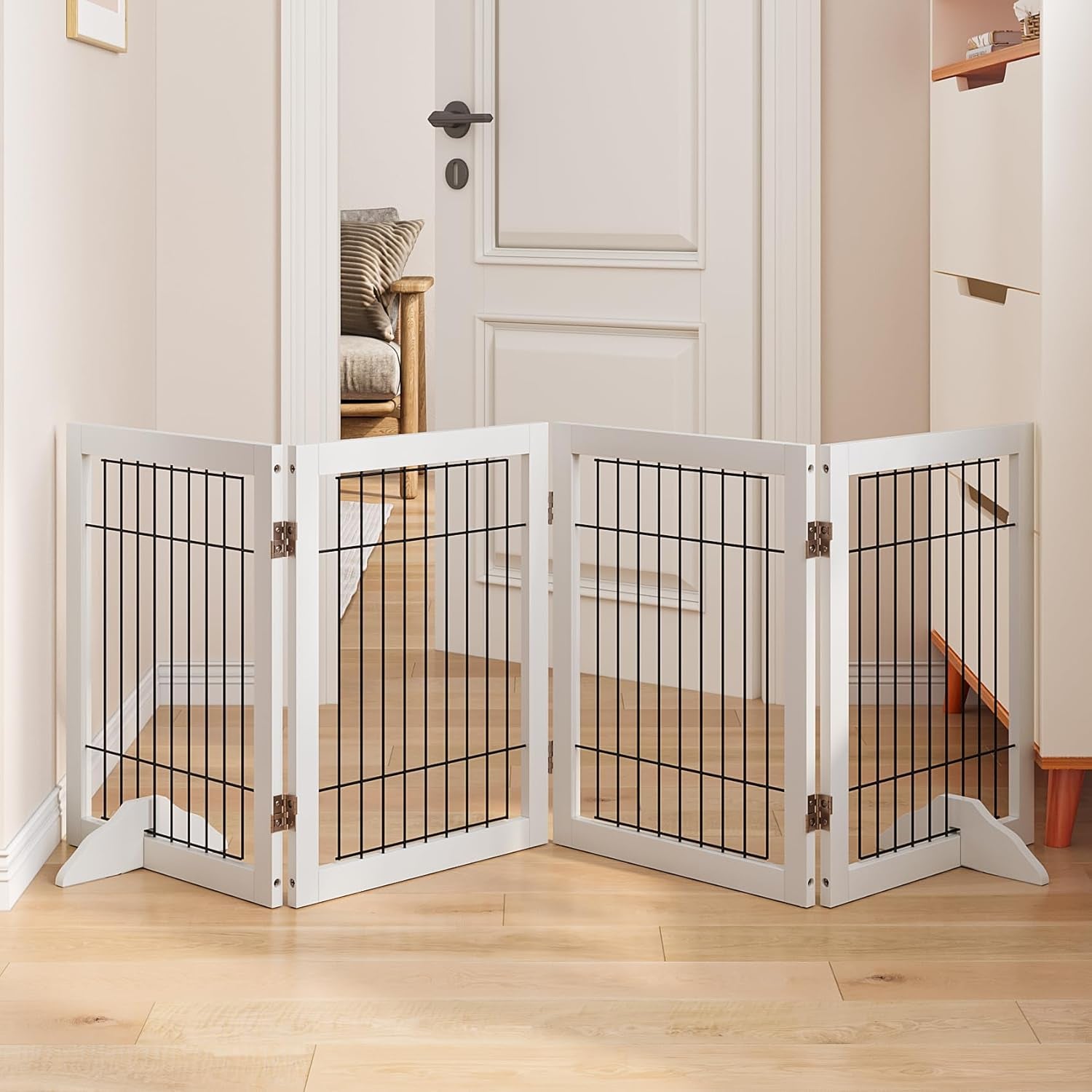 Wooden Foldable Dog Gate, Freestanding Multi-Panel Indoor Pet Gate, Extra Wide 24" Tall Dog Barrier