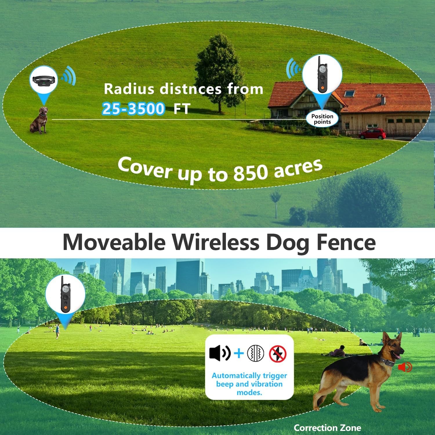 Wireless Dog Fence with 3500FT Range – 6100FT Remote Training Collar, Rechargeable & Waterproof, Vibrate/Beep/Shock Modes for All Dogs, IPX7 Waterproof