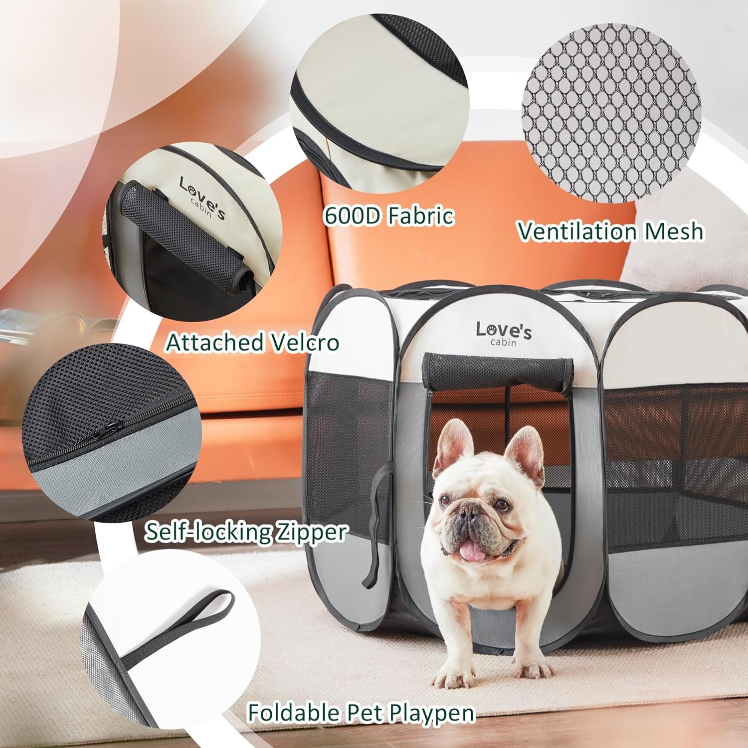 Love's Cabin Portable Playpen for Small Dogs & Cats - Foldable, Indoor/Outdoor Pet Tent with Zipper Top & Carry Case, Gray