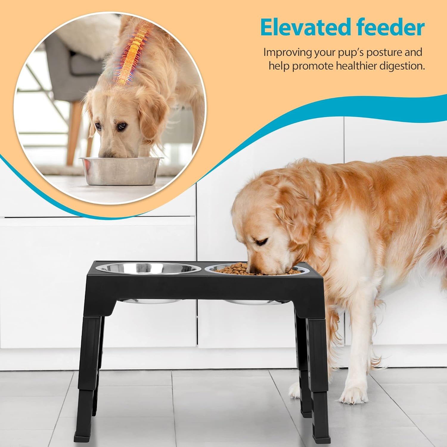 Niubya Adjustable Elevated Dog Bowls: 2 Stainless Steel Bowls, 5 Heights for All Dog Sizes