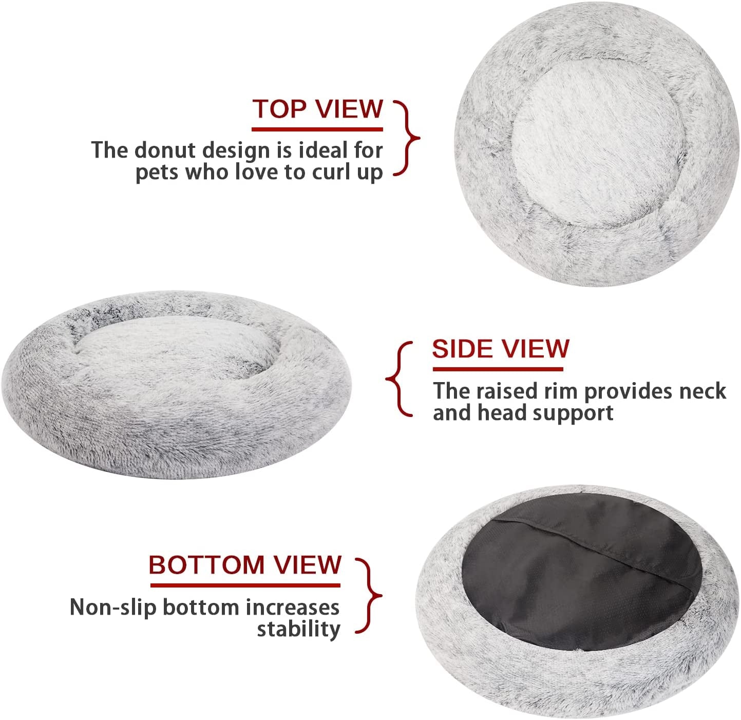 Calming Donut Dog Bed, 36" - Fluffy, Anti-Anxiety, Washable for Large Dogs - Various Colors & Sizes