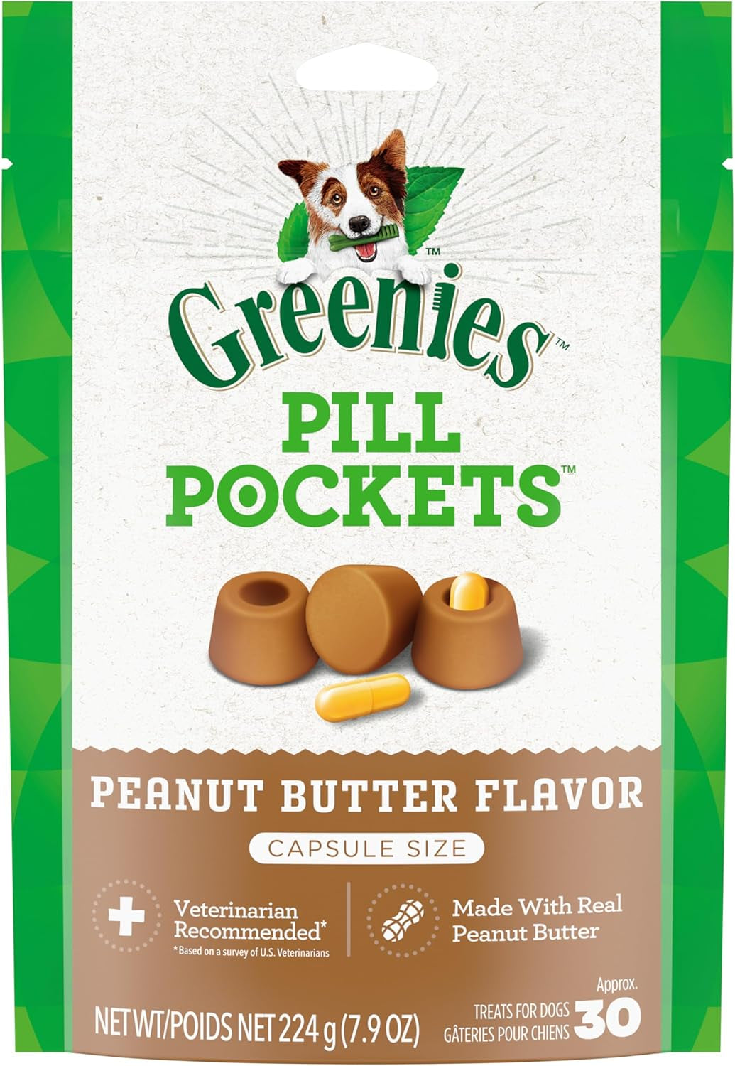 Greenies Pill Pockets for Dogs, Real Peanut Butter Flavor, Capsule Size Soft Treats, Easy-to-Give Pill-Hiding Dog Snacks