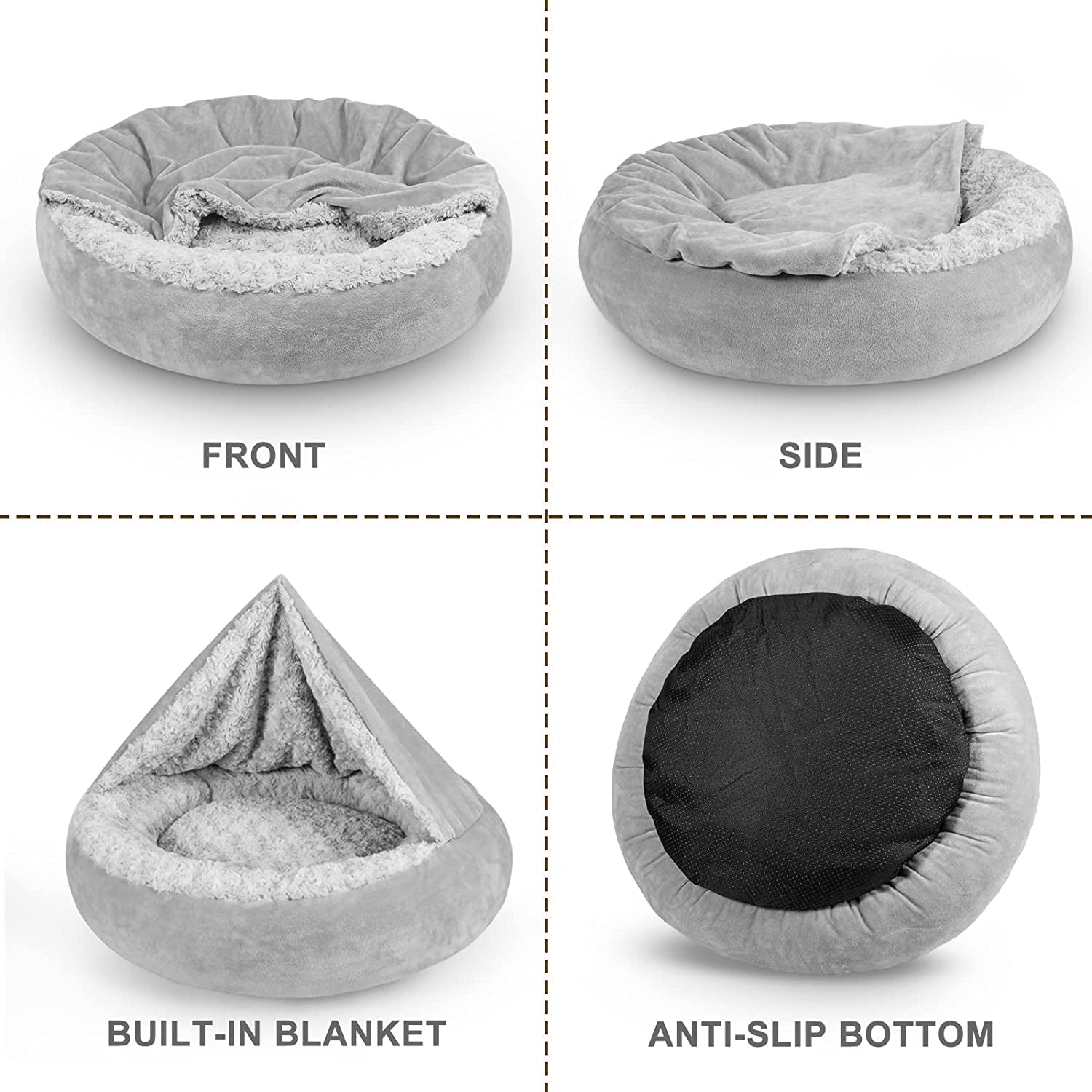 JoeJoy 23" Deluxe Hooded Dog & Cat Bed: Anti-Slip, Anti-Anxiety Donut Cuddler, Machine Washable