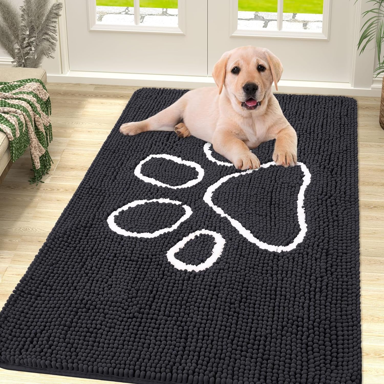 Absorbent Dog Door Mat for Muddy Paws, Non-Slip & Quick Dry Chenille, Washable, Traps Dirt & Moisture