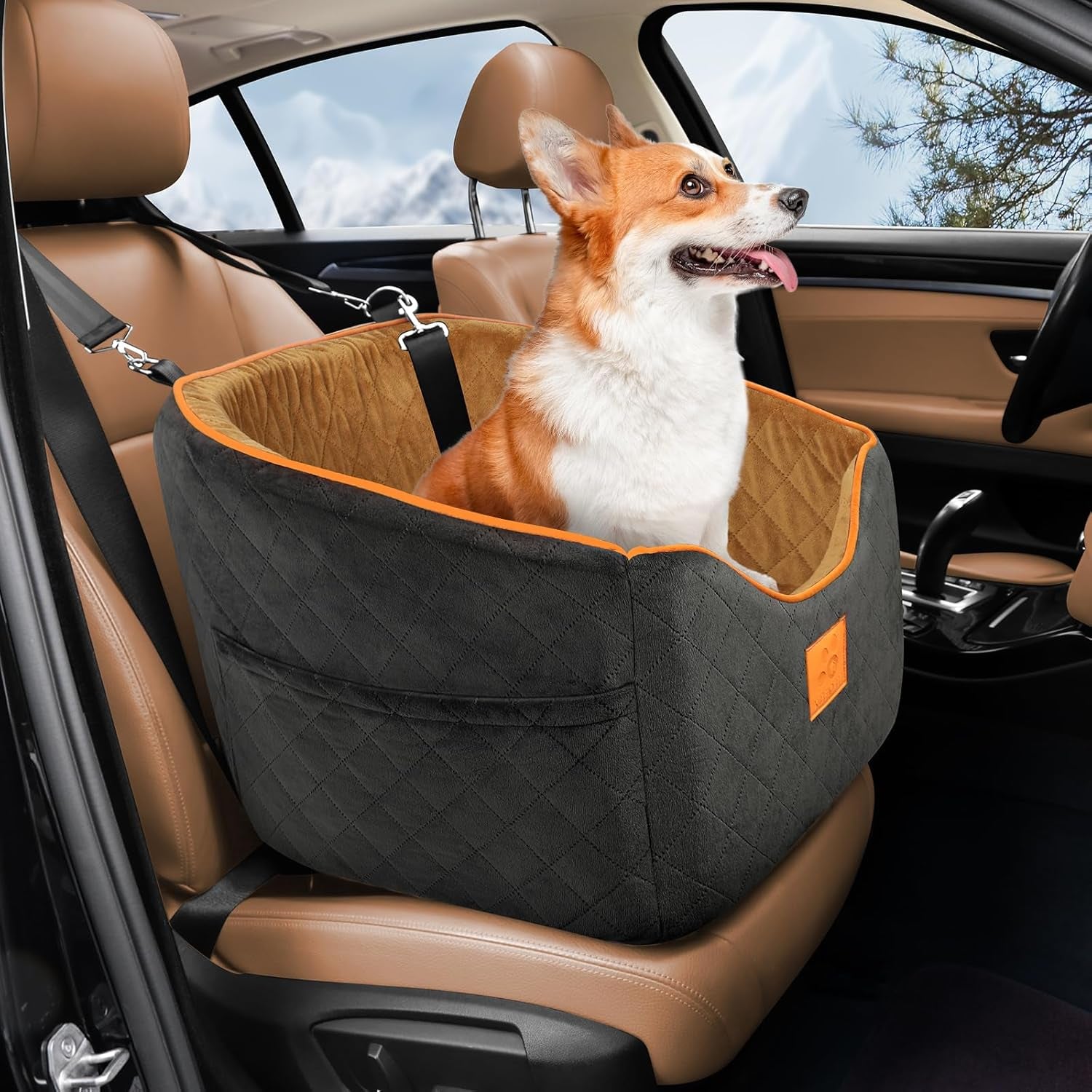 Memory Foam Dog Car Seat for Small Dogs Up to 35 lbs - Elevated Travel Booster Seat with Washable Cover & Storage Pockets, Black/Gray