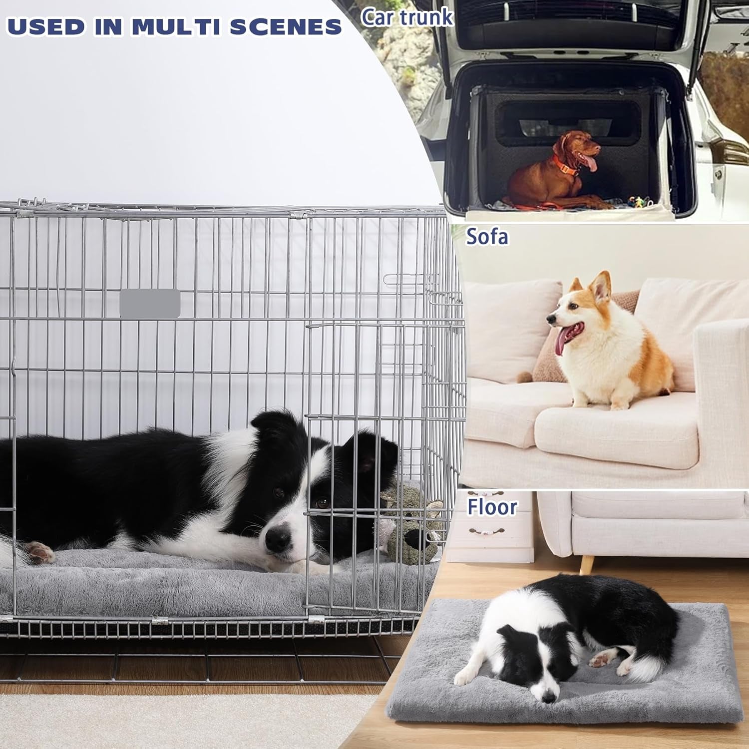 Washable Dog Crate Bed for Large Dogs - Non-Skid Comfort Pad Mat, Fits Metal Crates, Light Grey