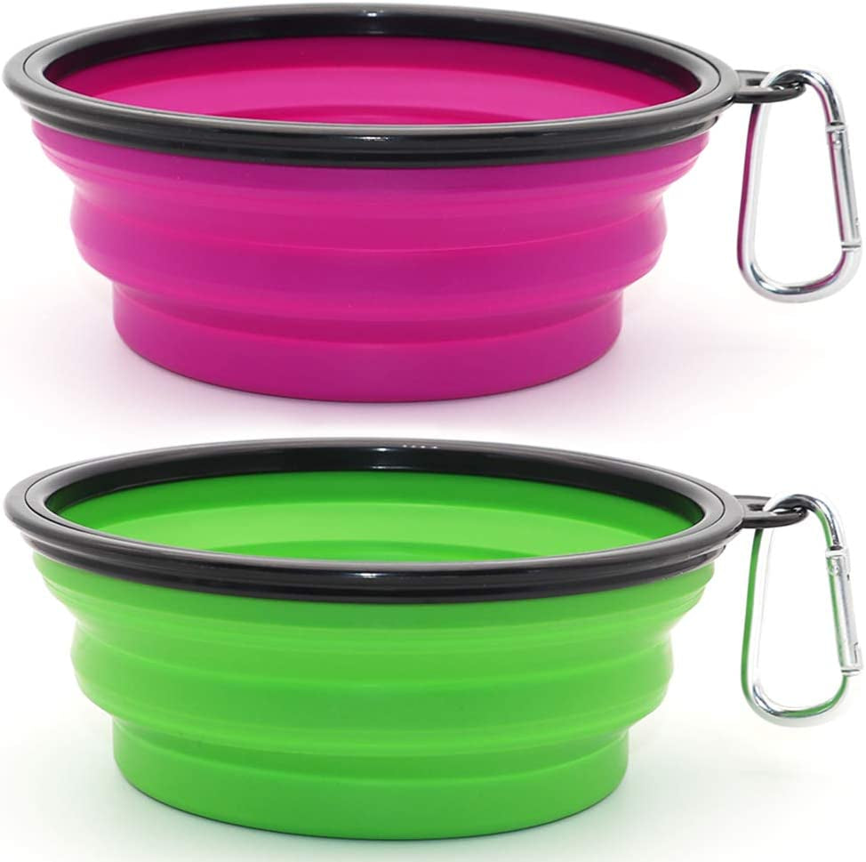 2-Pack Collapsible Dog Bowls with Carabiners: Small, Portable, Blue+Green for Travel