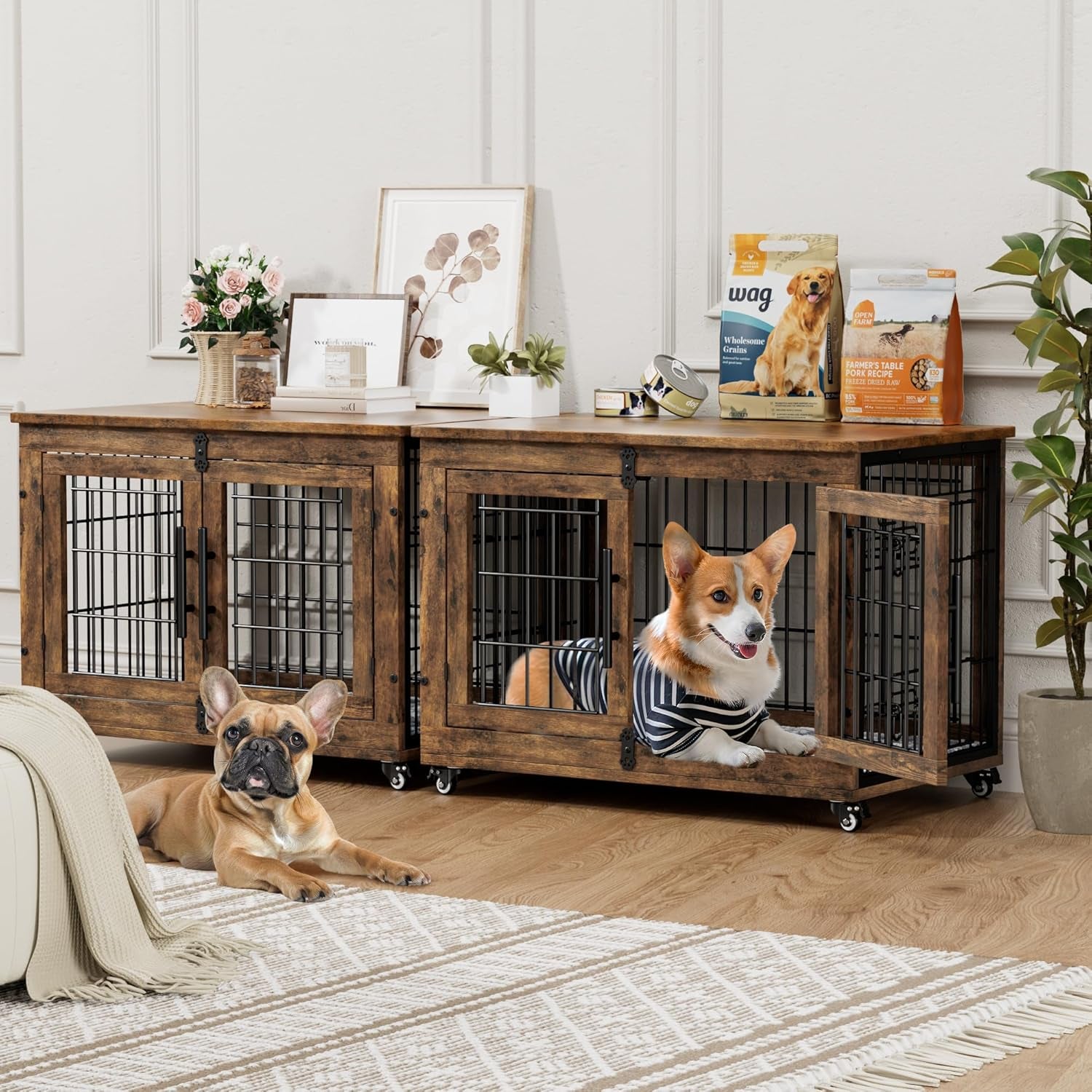 Wooden Dog Crate Furniture with Cushion – Stylish Double-Door Indoor Kennel, Wheeled Side Table for Small-Medium Dogs Up to 45 Lbs