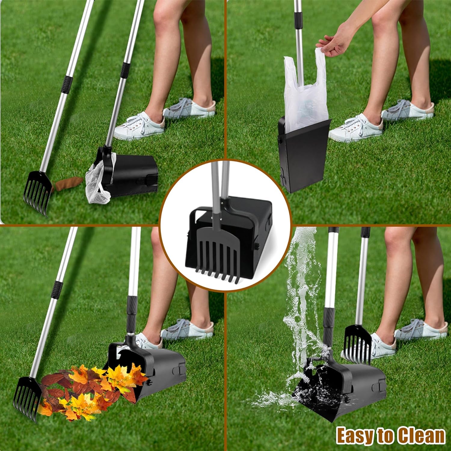 Large Pooper Scooper Swivel Bin & Rake, Dog Waste Scoop with Lid & 20 Bags, Adjustable Long Handle